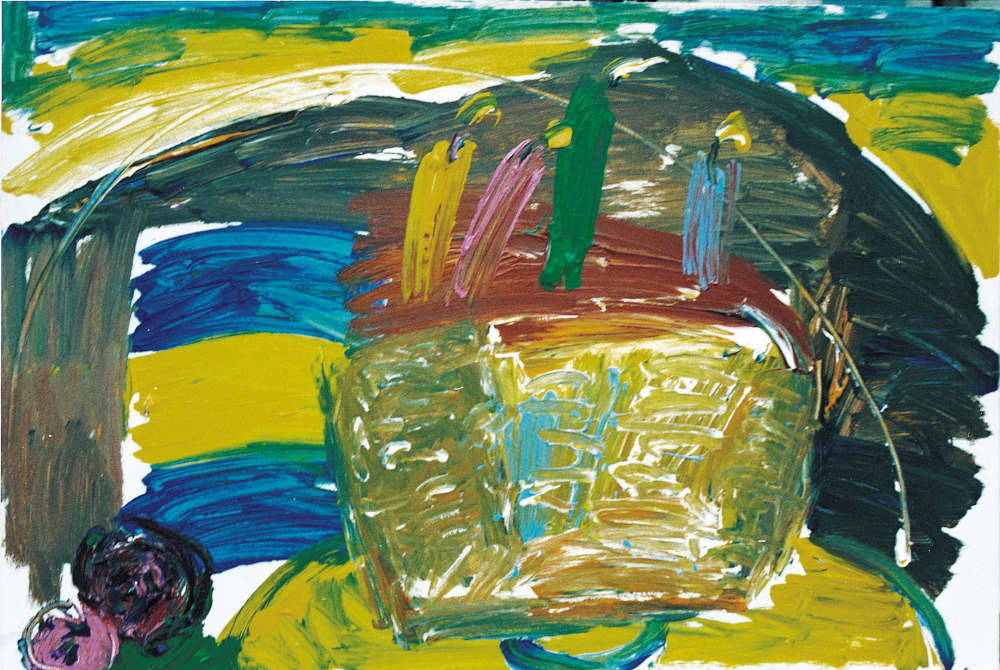 The painting of McGregor's cake with the blue and yellow 44 gallon rubbish bin behind